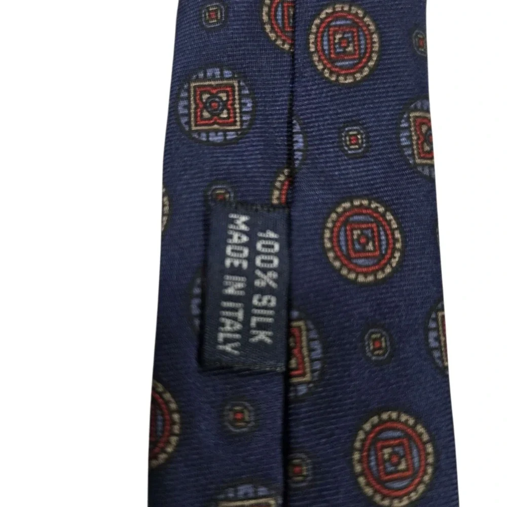 ADOLFO Silk Geometric Pattern Necktie Navy Blue Made in‎ Italy Luxury Accessory
